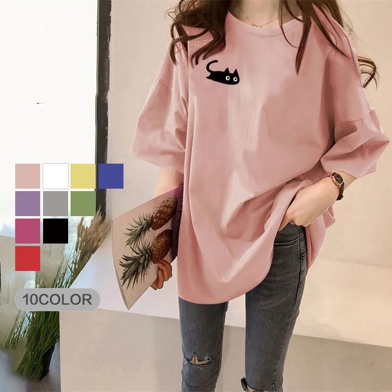 【十色可選】Ins潮圓領寬鬆慵懶風印花中長款短袖-Cicichill