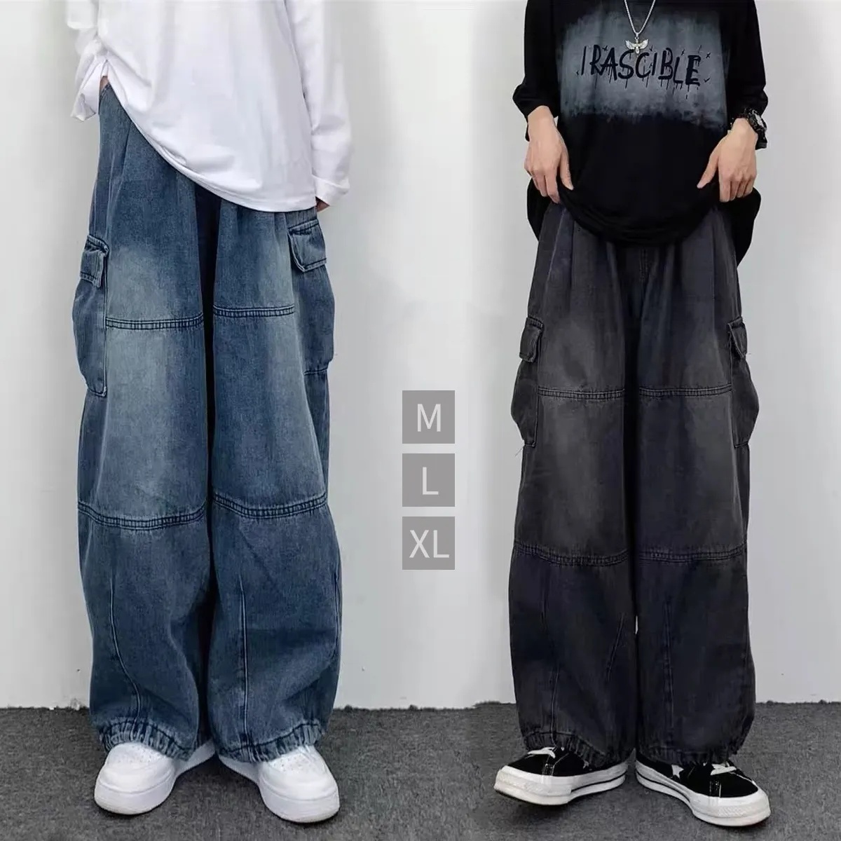 日系復古闊腿大口袋工裝ins中性寬鬆直筒牛仔褲裝-Cicichill