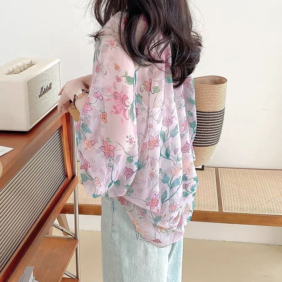 雪紡上衣女夏新款寬鬆遮肚子罩衫薄紗小衫燈籠長袖防曬衣外穿