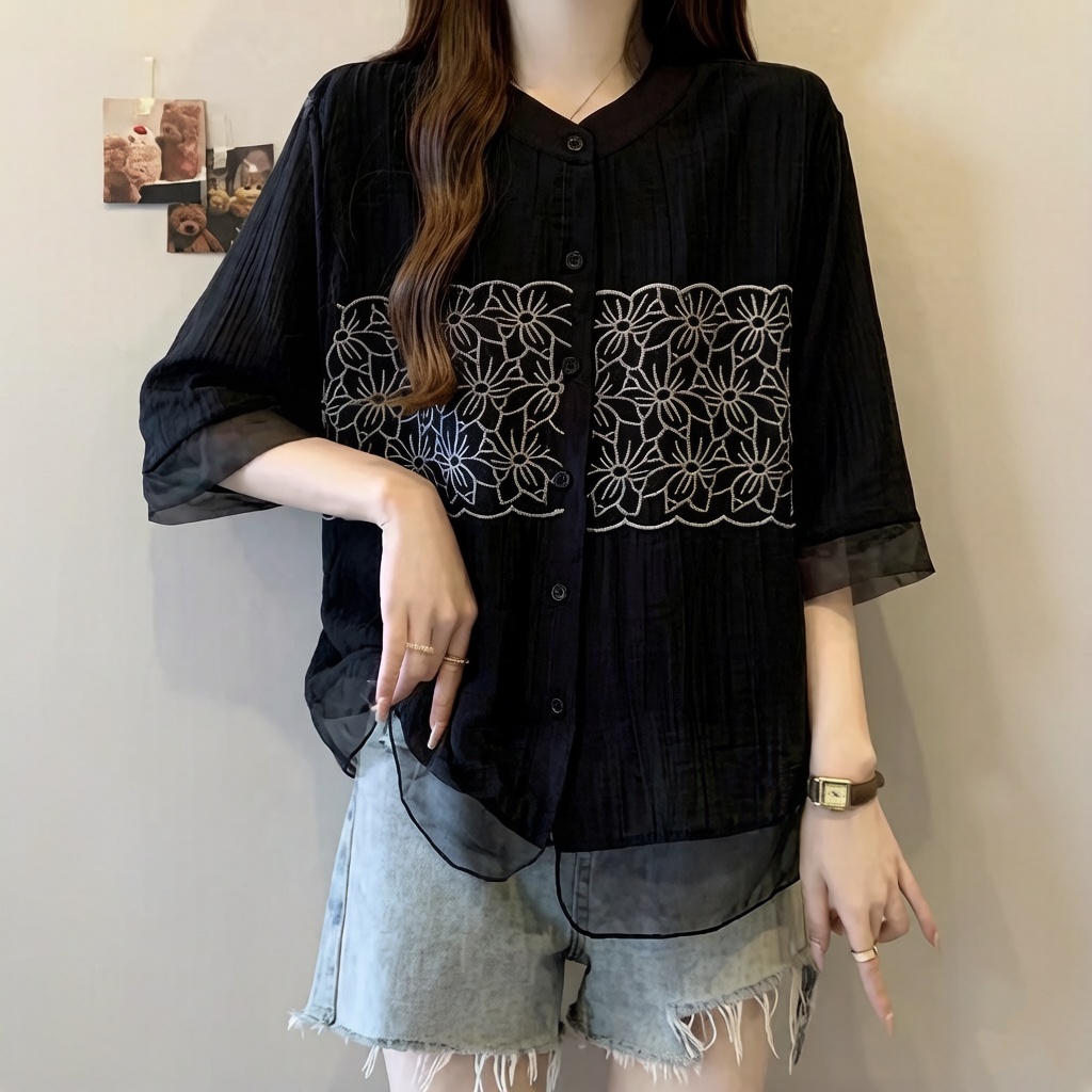刺繡韓版寬鬆顯瘦重工設計感短袖襯衫