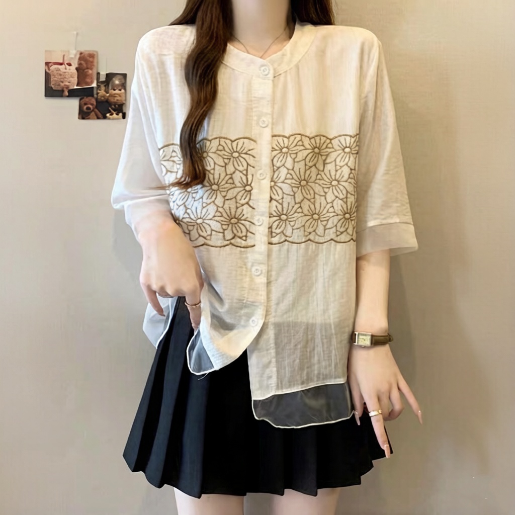 刺繡韓版寬鬆顯瘦重工設計感短袖襯衫