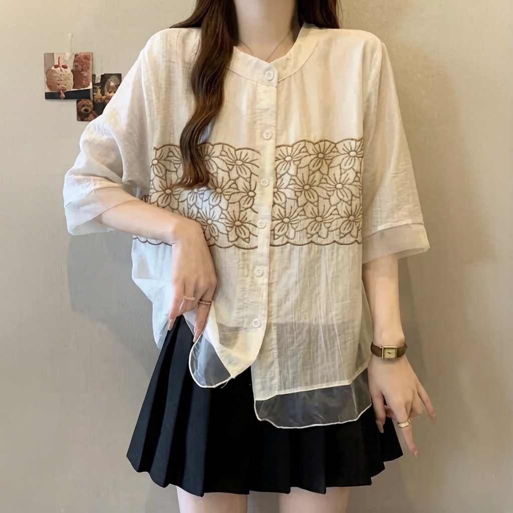 刺繡韓版寬鬆顯瘦重工設計感短袖襯衫