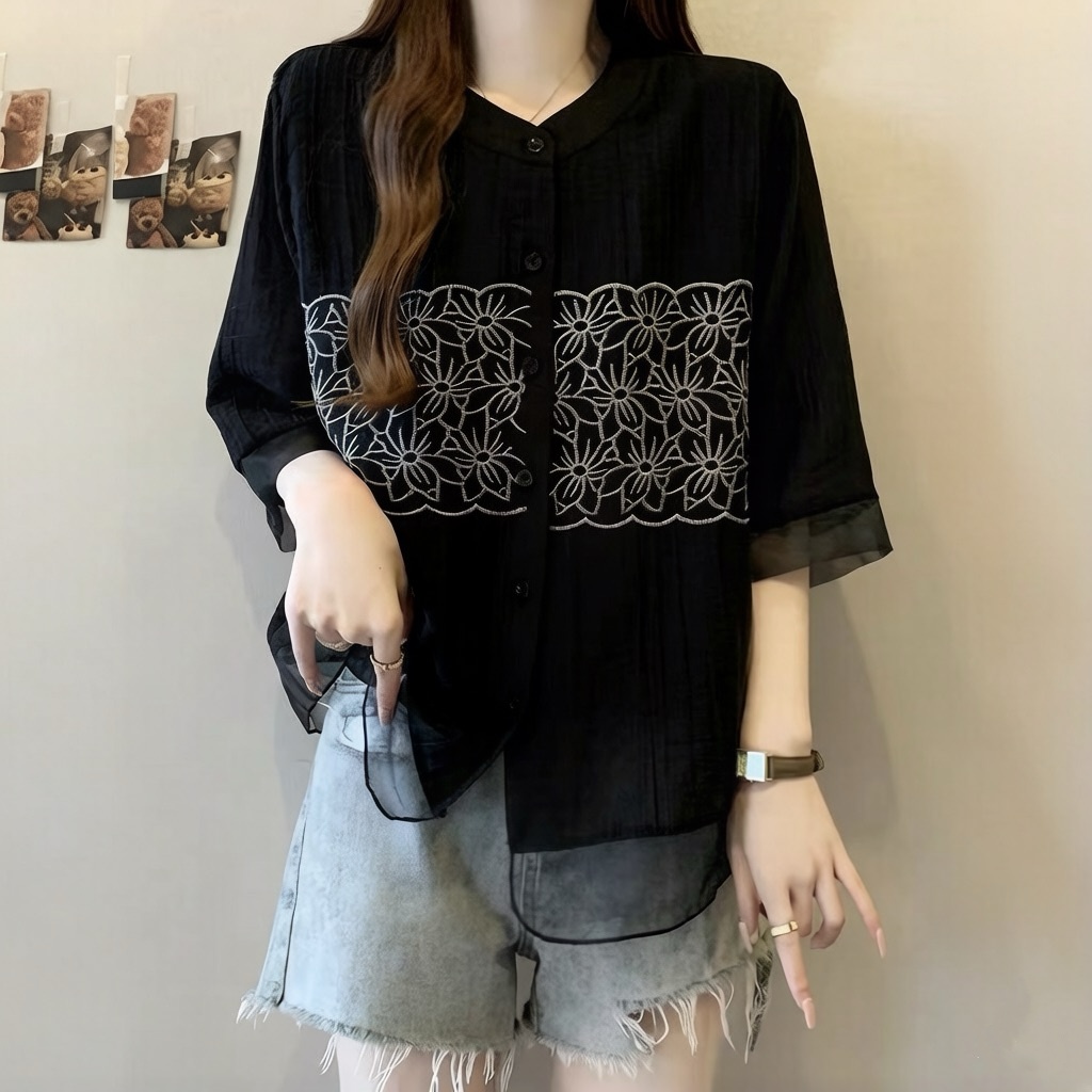 刺繡韓版寬鬆顯瘦重工設計感短袖襯衫