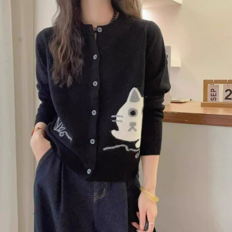 設計感長袖圓領可愛時尚卡通刺繡針織開衫