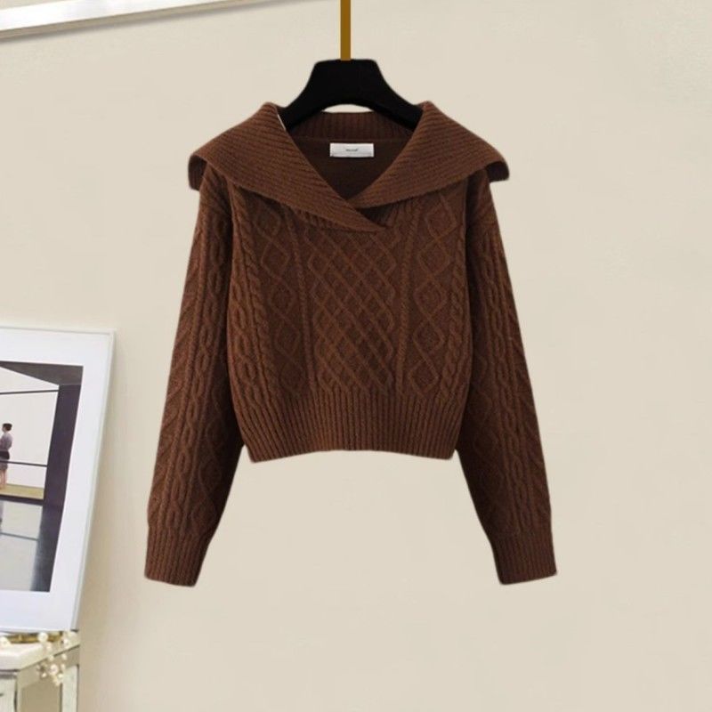 【單件/套裝】慵懶風娃娃領麻花毛衣+高腰A字針織半身裙兩件套