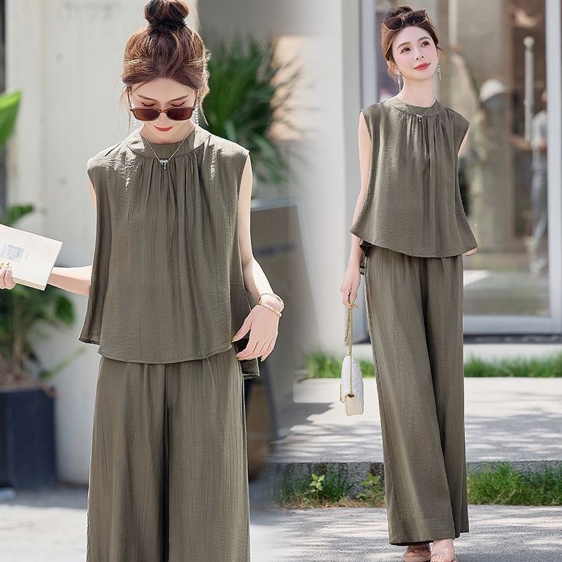 【整套】高級感洋氣氣質休閑無袖上衣+百搭闊腿褲兩件套