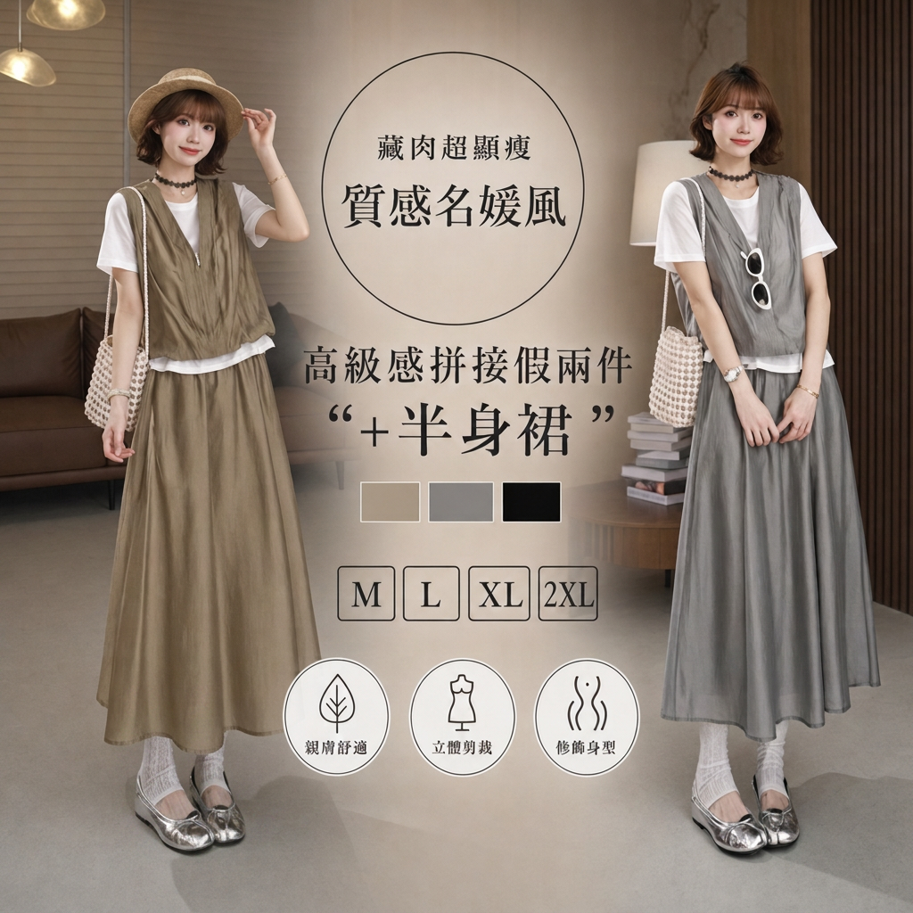 【整套】洋氣時尚高級感拼接假兩件短袖+半身裙兩件套