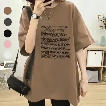 美式大碼寬鬆顯瘦圓領套頭印花短袖t恤