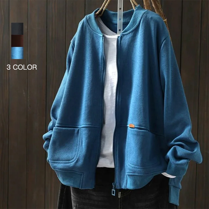 韓版文藝百搭簡約寬鬆休閒拉鍊口袋長袖開衫