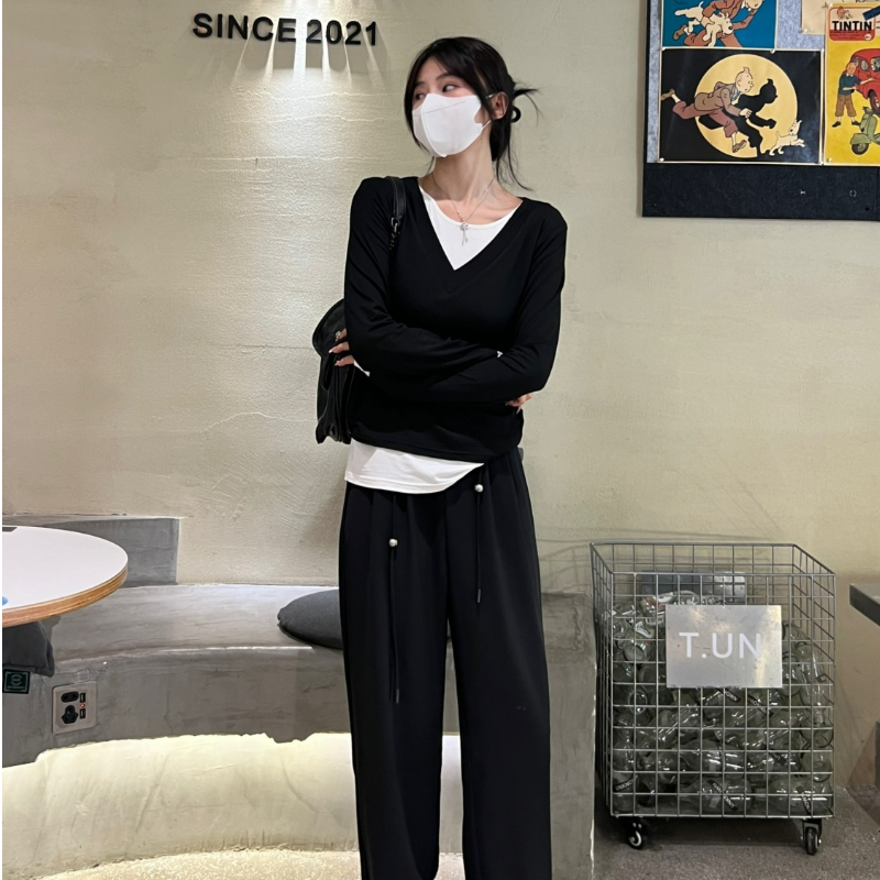 純棉假兩件純慾風內搭打底衫修身設計感小眾長袖t恤