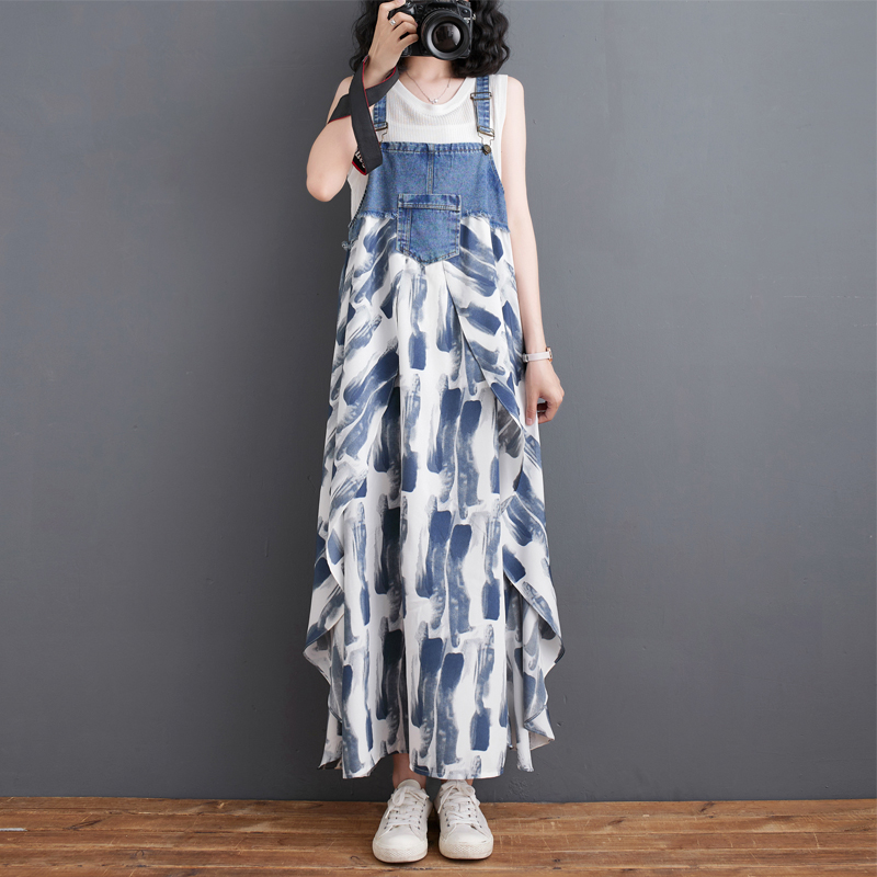 韓版時尚設計感牛仔拼接雪紡背帶連身裙