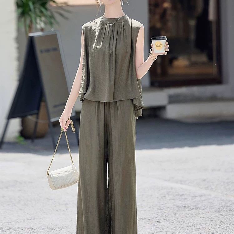 【整套】高級感洋氣氣質休閑無袖上衣+百搭闊腿褲兩件套