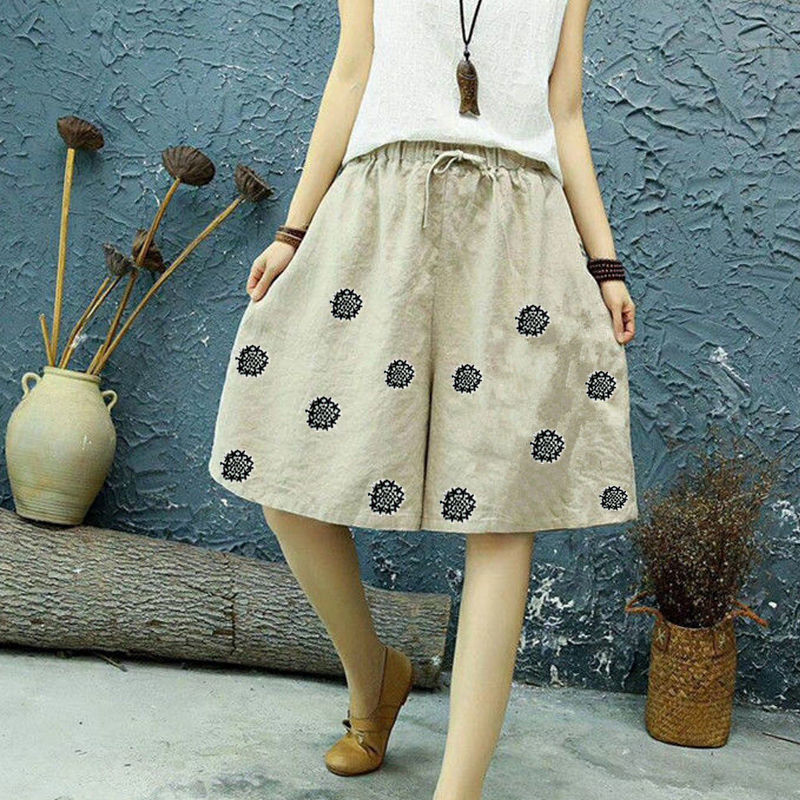 復古文藝百搭顯瘦刺繡闊腿五分褲裝