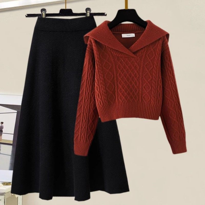 【單件/套裝】慵懶風娃娃領麻花毛衣+高腰A字針織半身裙兩件套