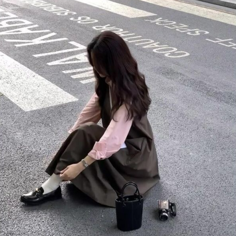 【單件/套裝】減齡粉色長袖襯衫+寬鬆背帶長裙兩件套