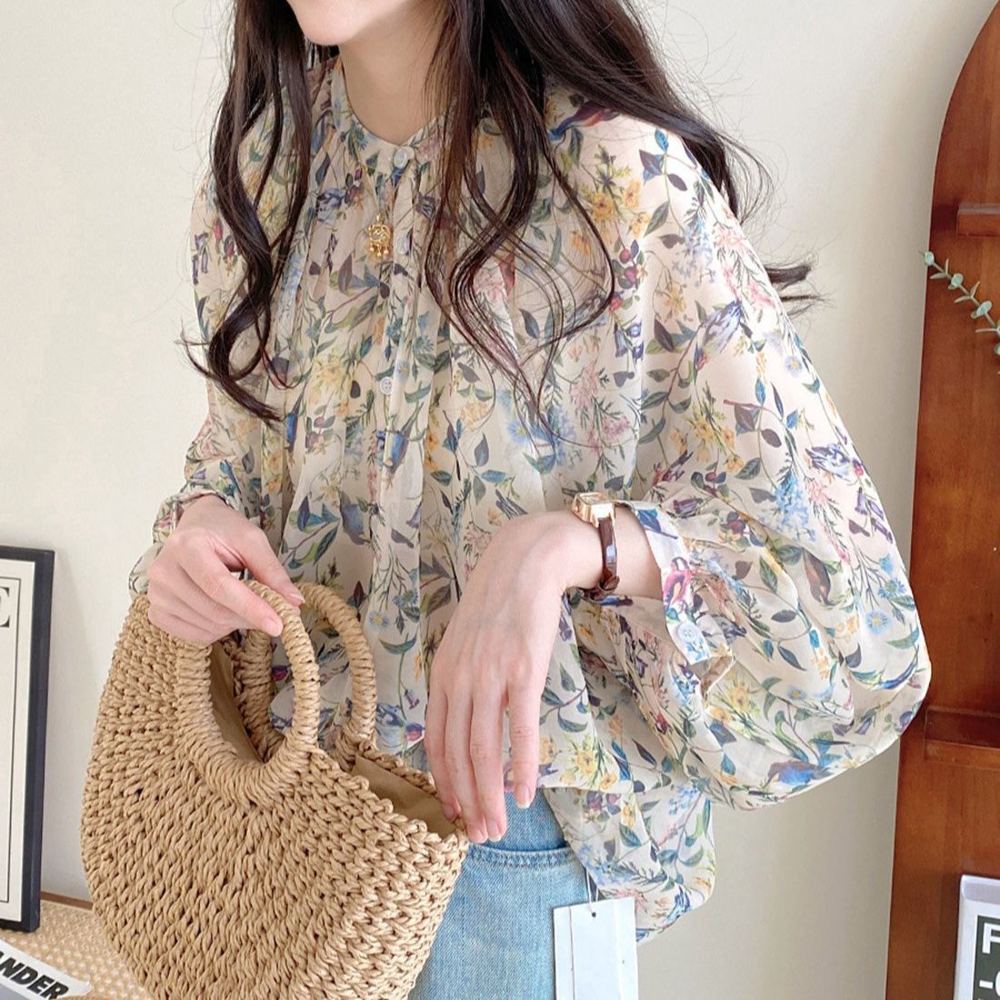 雪紡碎花寬鬆薄紗燈籠袖防曬襯衫