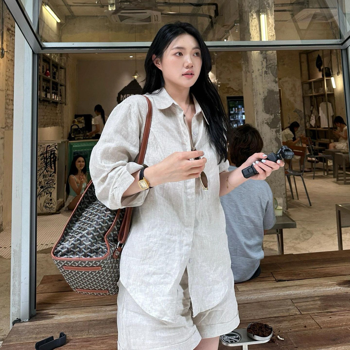 【整套】老錢風松弛感素色防曬襯衫+百搭休閑短褲兩件套