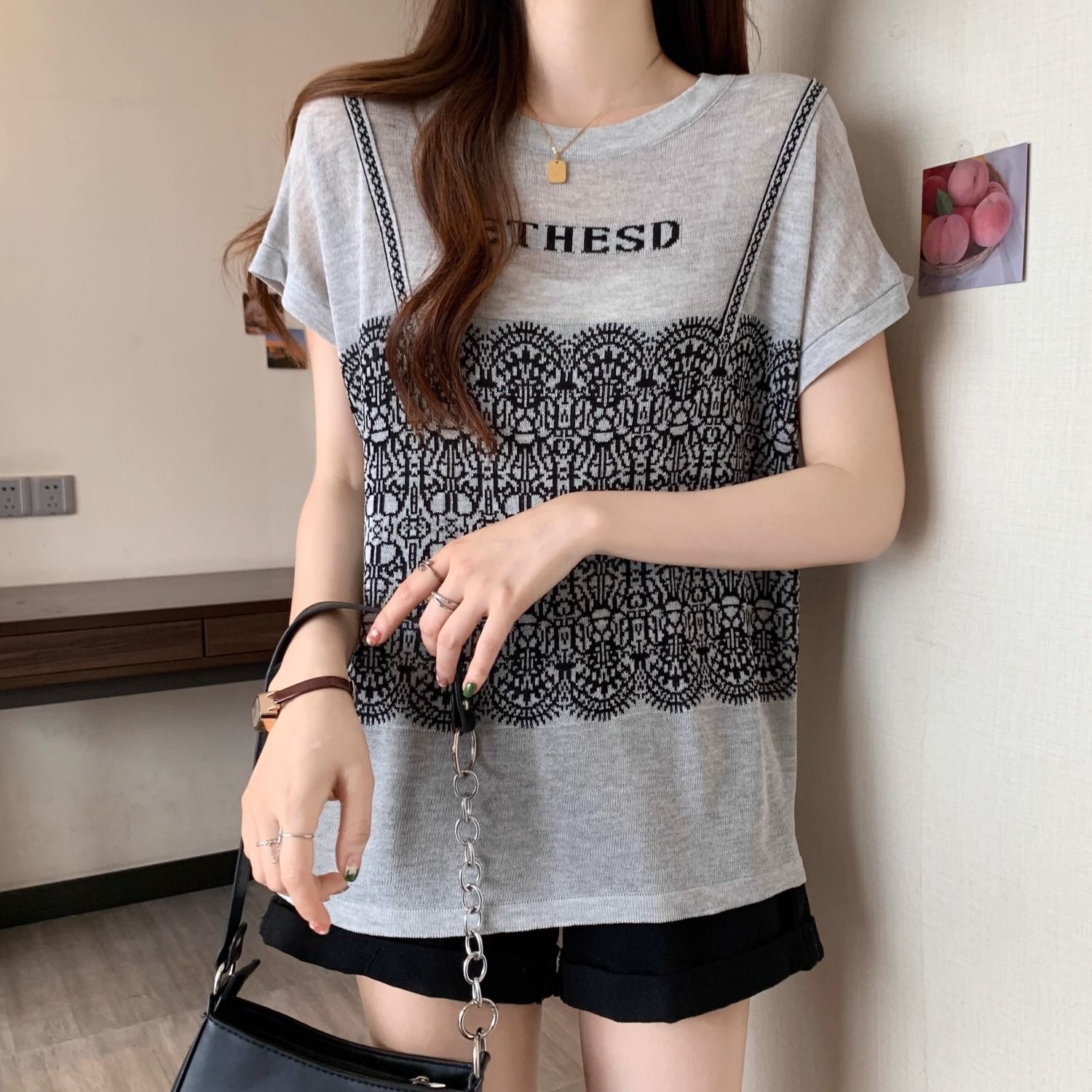 法式假兩件冰絲針織蕾絲拼接短袖t恤