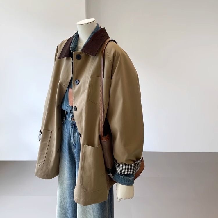 休閑高級感撞色中長款風衣寬鬆卡其色外套