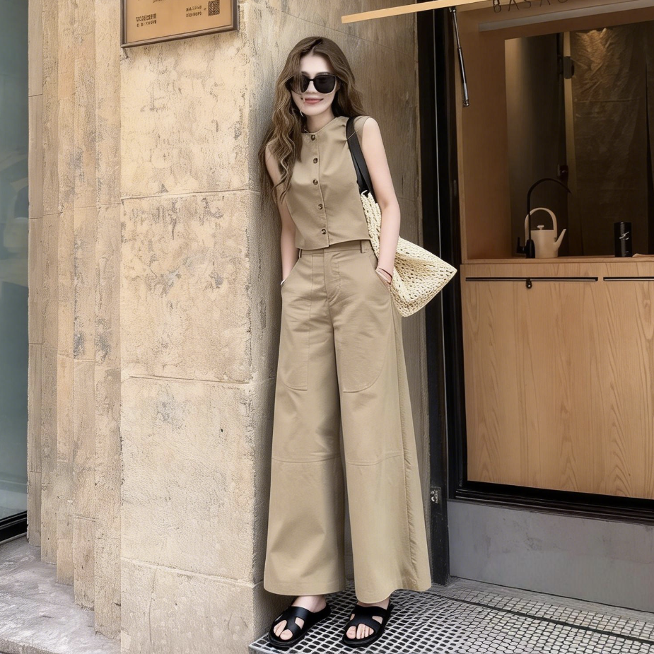 【單件/套裝】極簡設計兩穿無袖背心+寬鬆闊腿褲兩件套裝