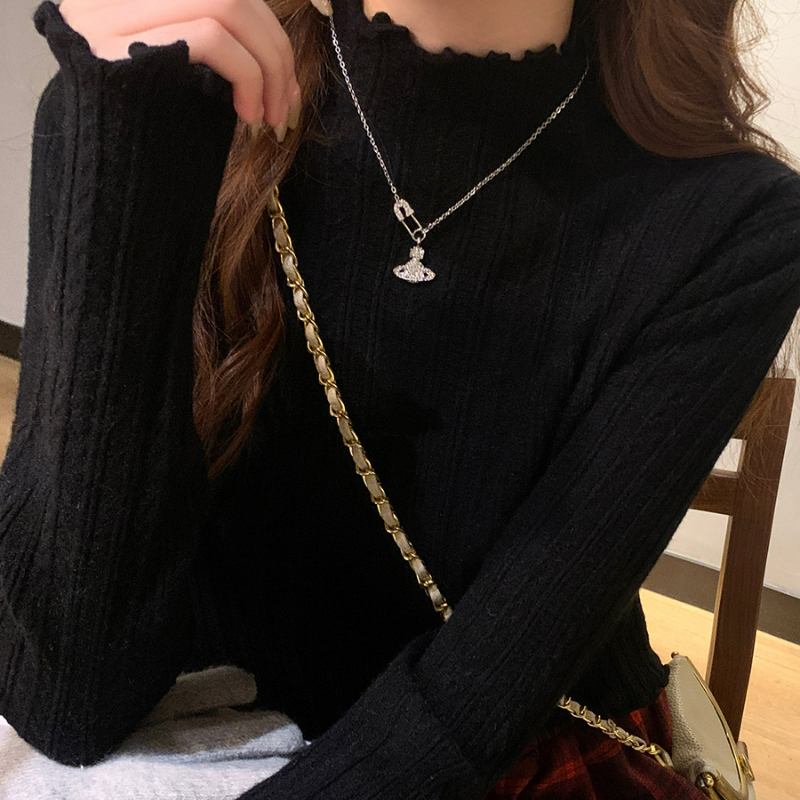 精緻木耳邊半高領修身內搭軟糯針織打底衫