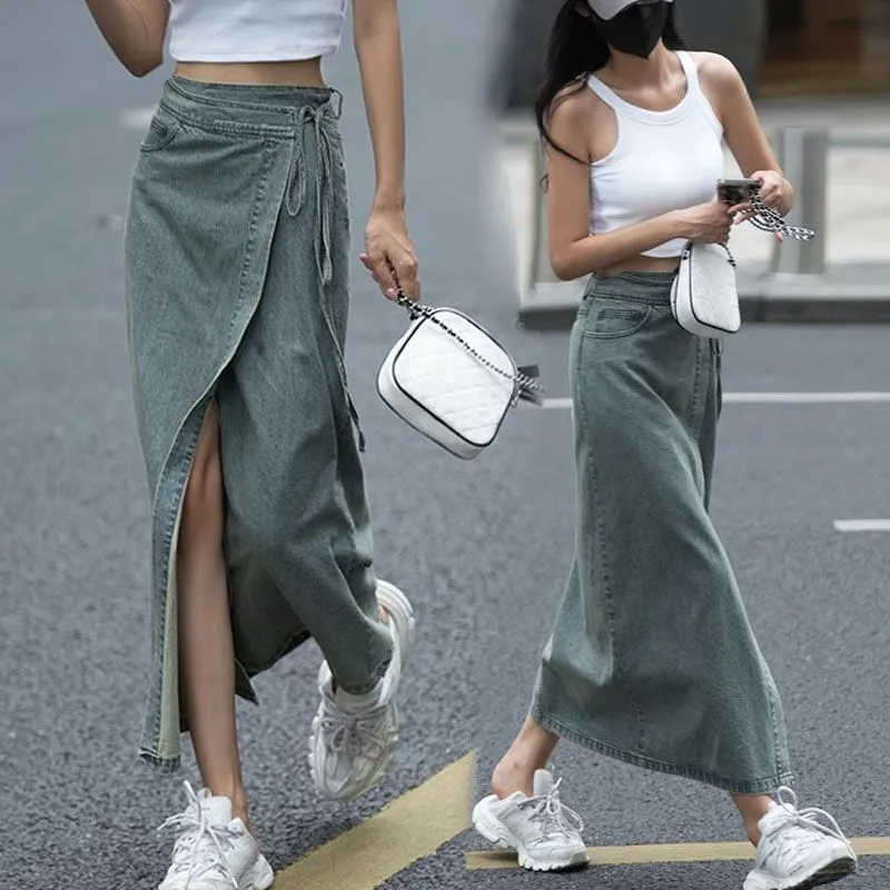 復古水洗牛仔高腰顯瘦設計開叉半身裙