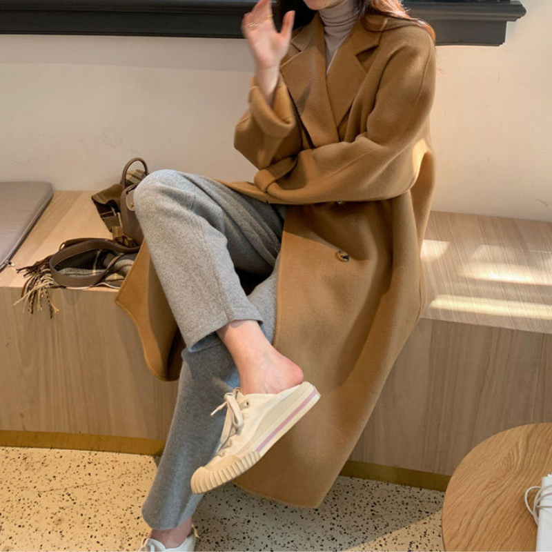 韓系中長版寬鬆高級感雙排扣大衣仿毛呢外套