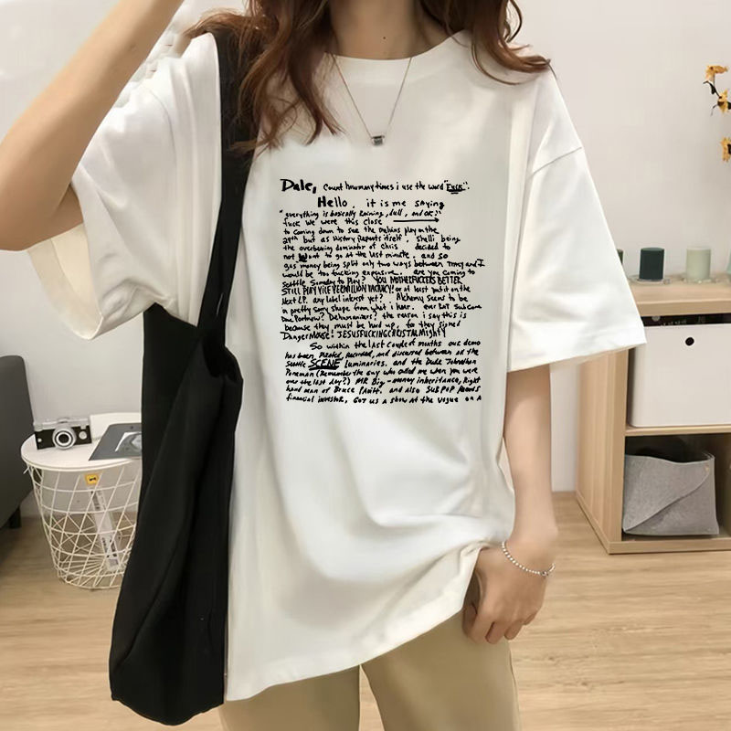 美式大碼寬鬆顯瘦圓領套頭印花短袖t恤