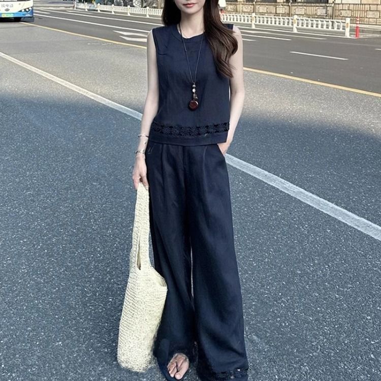 【整套】新中式慵懶風復古無袖上衣休閒褲兩件套裝