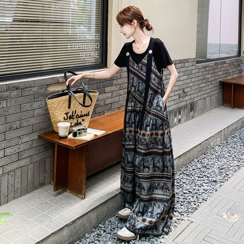 【單件/套裝】小眾波西米亞民族風背帶連體闊腿褲+短袖兩件套裝