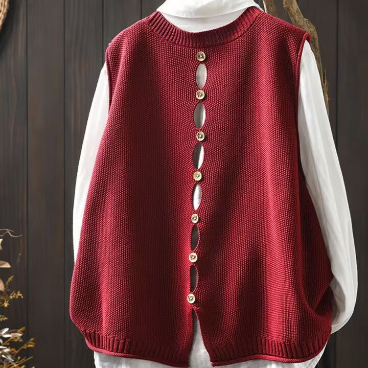 【單件/套裝】後背紐扣棉線針織無袖馬甲背心+寬鬆休閒百搭襯衫疊穿兩件套裝