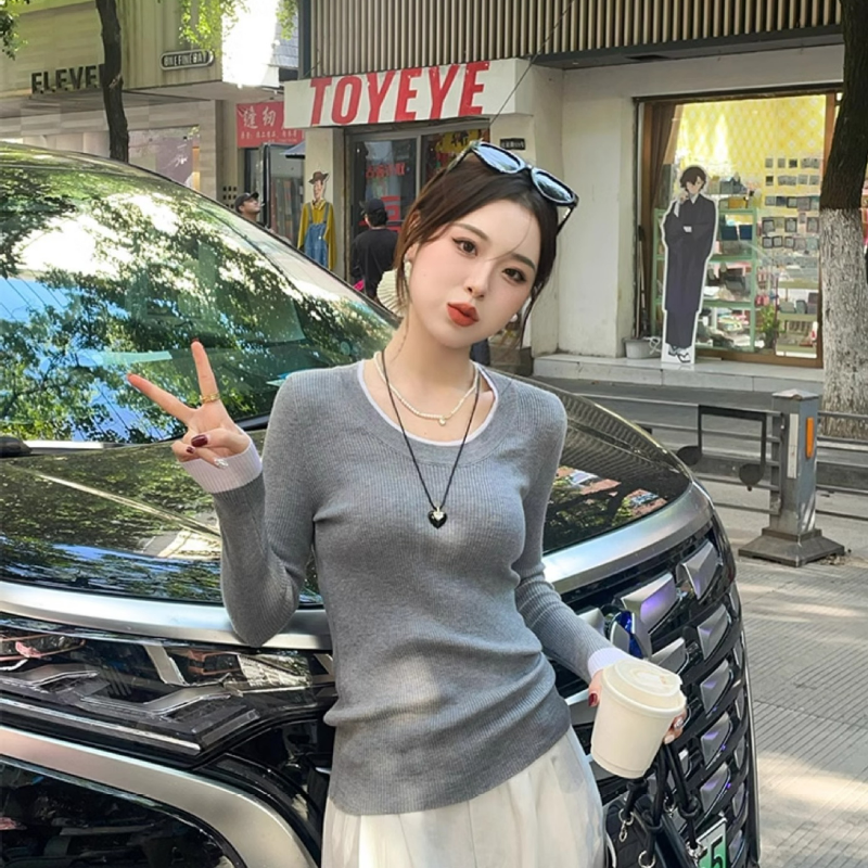 圓領撞色毛衣內搭設計感長袖針織打底衫