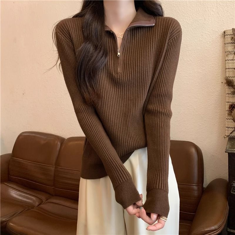 慵懶風半開拉鍊高領毛衣寬鬆顯瘦內搭長袖針織衫