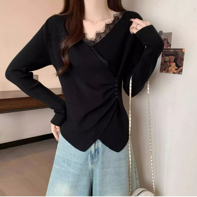 大碼德絨設計感蕾絲拼接V領不規則交叉打底衫長袖T恤