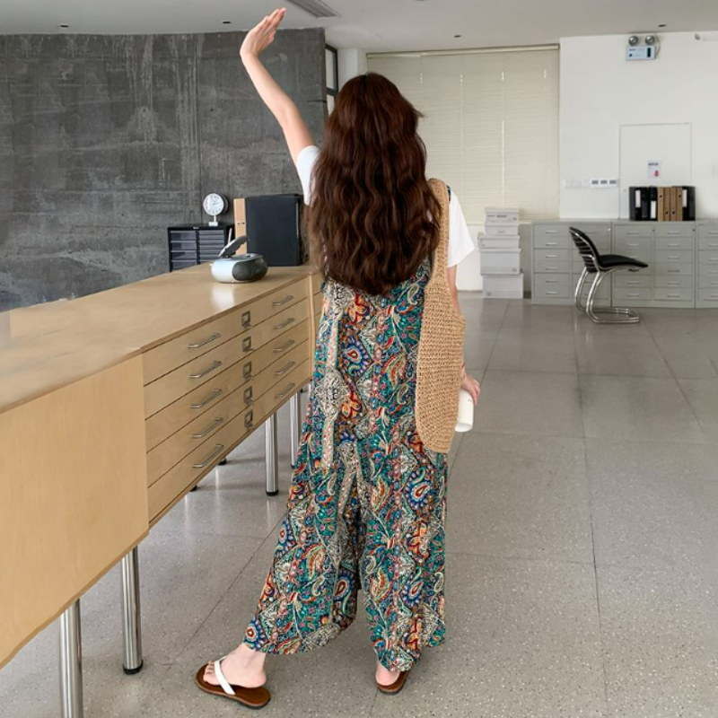 【單件/套裝】白色短袖+法式復古波西米亞風闊腿背帶連體褲兩件套裝