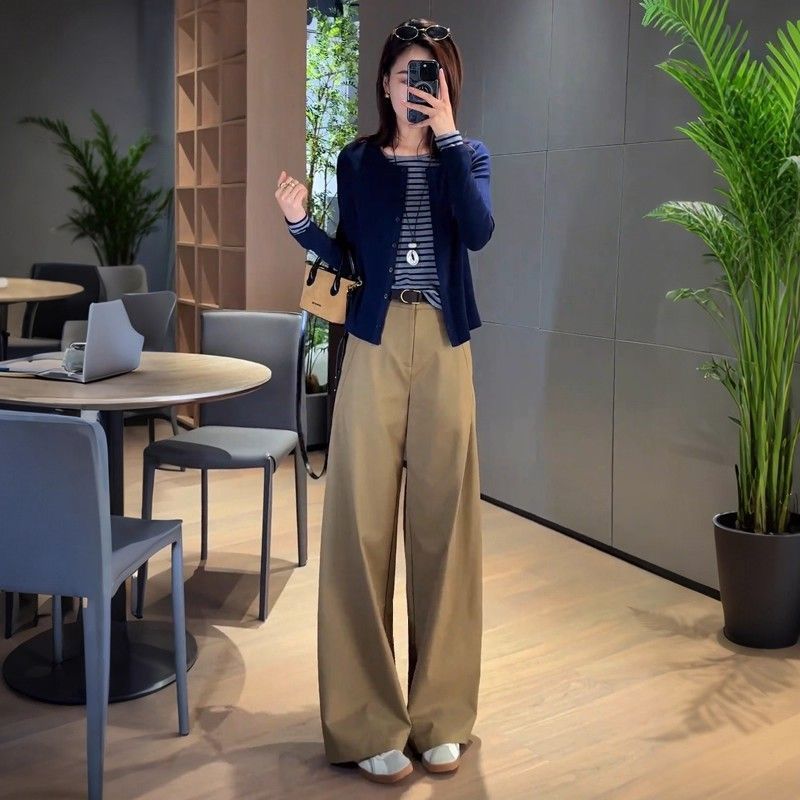 【單件/套裝】減齡洋氣時尚撞色假兩件長袖T恤+顯瘦休閒闊腿褲兩件套