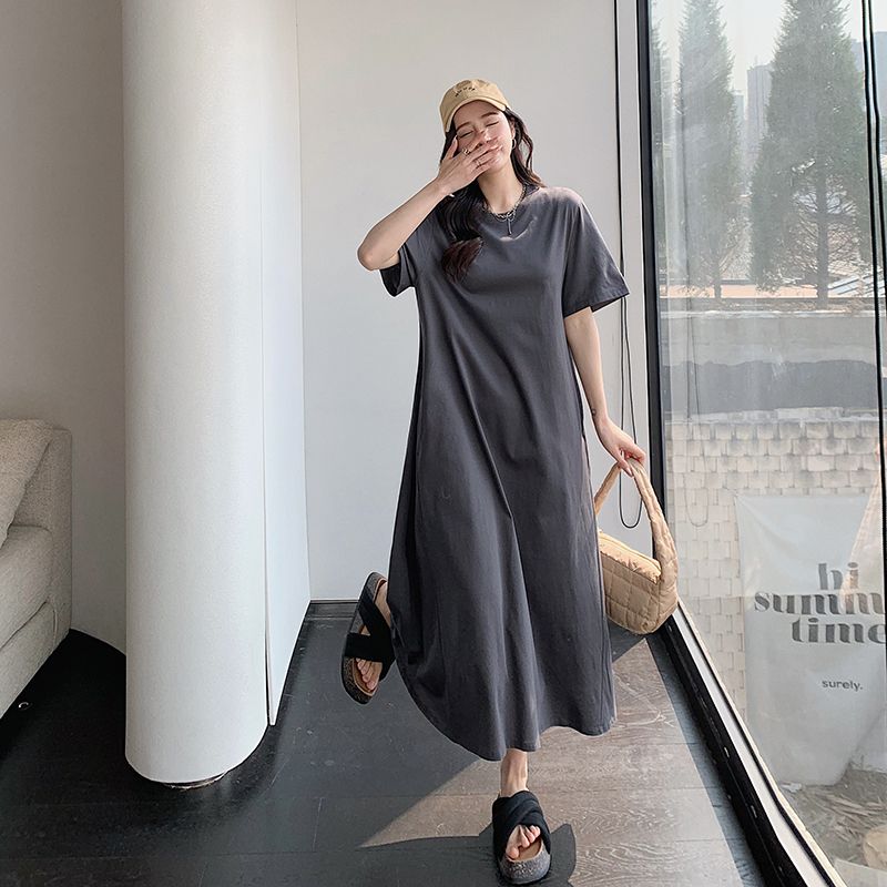 寬鬆遮肚減齡連衣裙大碼顯瘦休閒過膝T恤裙