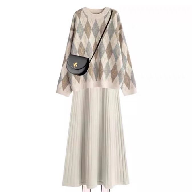 【單件/套裝】日系復古菱格圓領毛衣+針織吊帶連衣裙兩件套
