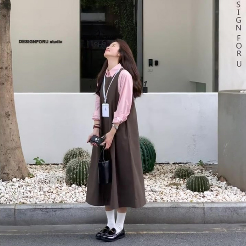 【單件/套裝】減齡粉色長袖襯衫+寬鬆背帶長裙兩件套