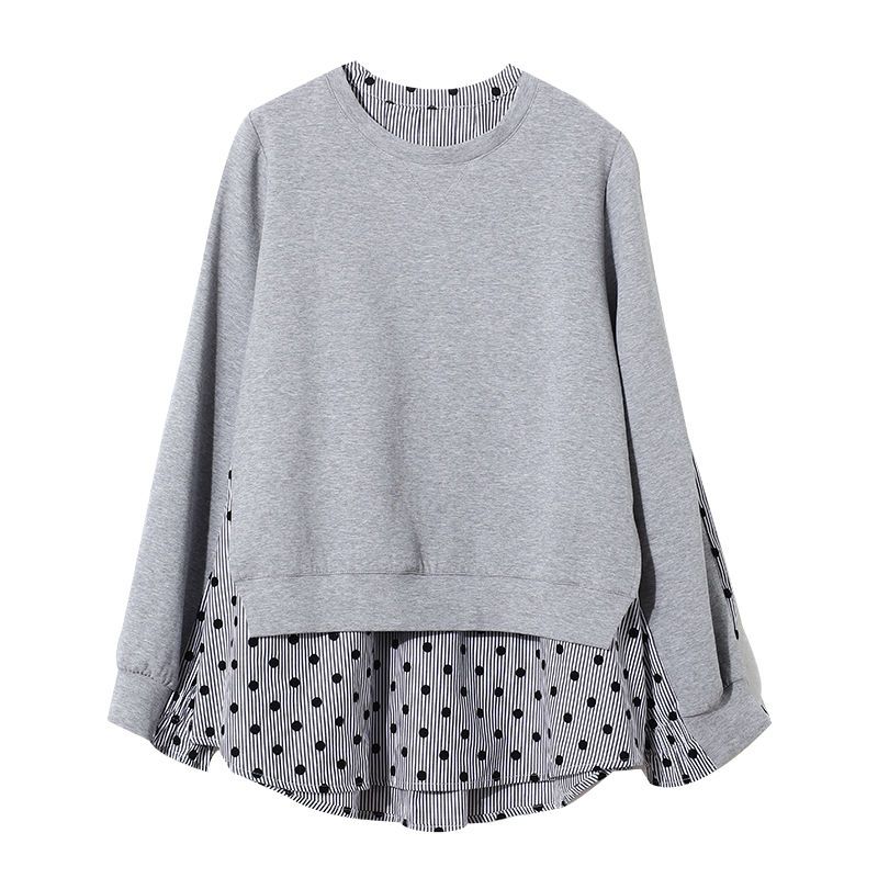 波點條紋假兩件拼接圓領寬鬆百搭長袖T恤