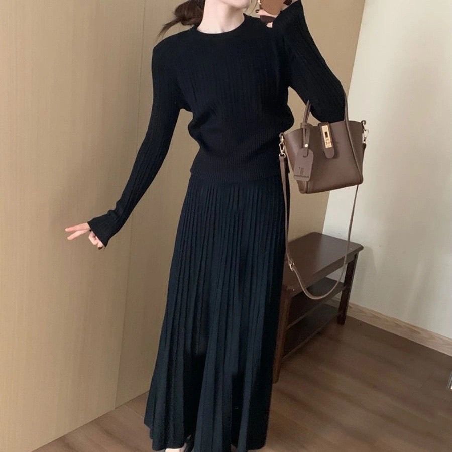 【單件/套裝】收腰顯瘦圓領時尚減齡針織毛衣+高腰半身長裙兩件套裝