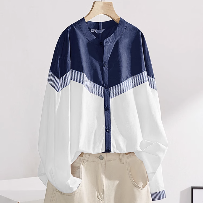 休閒氣質撞色拼接立領條紋長袖襯衫