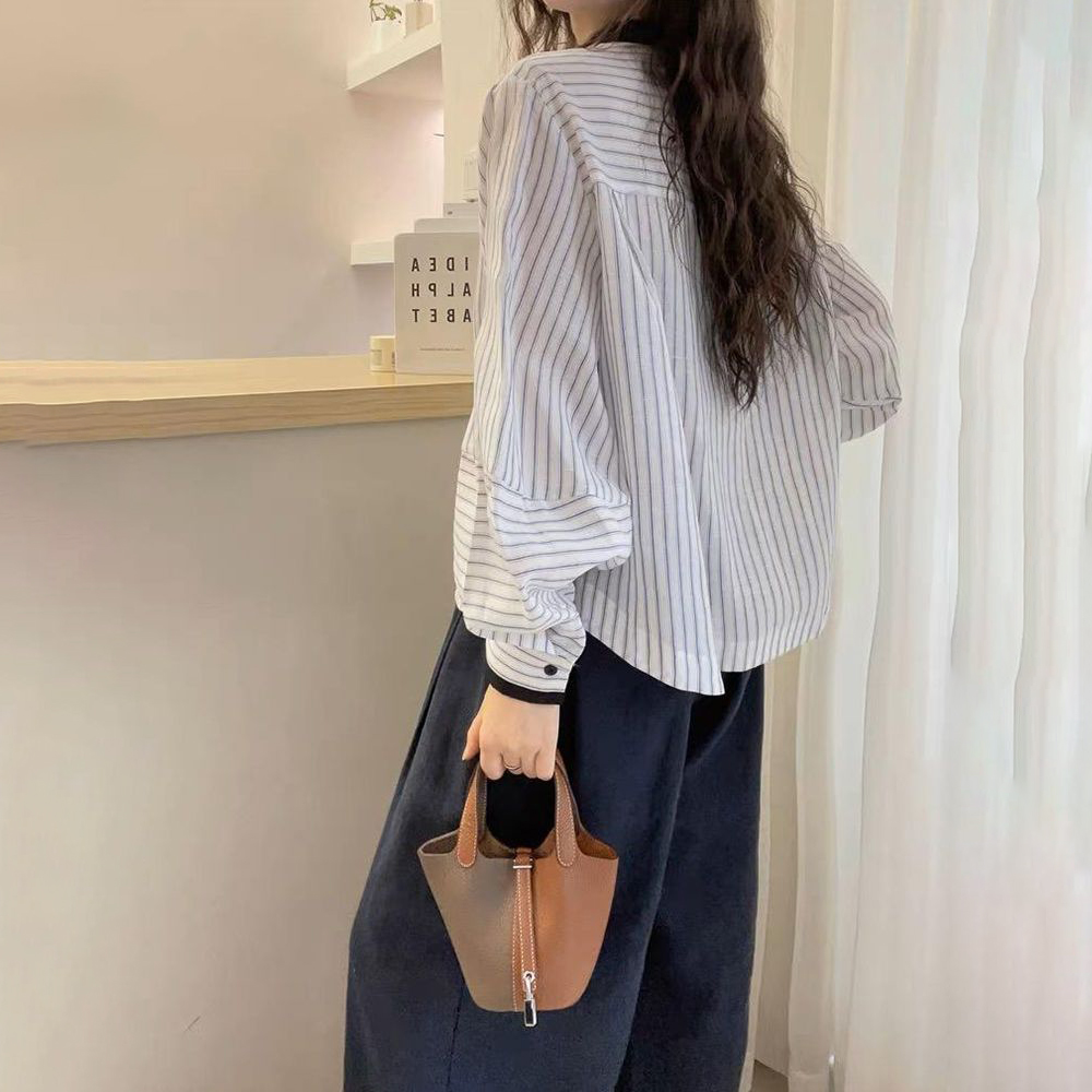 新中式設計感燈籠袖豎條紋休閒長袖襯衫
