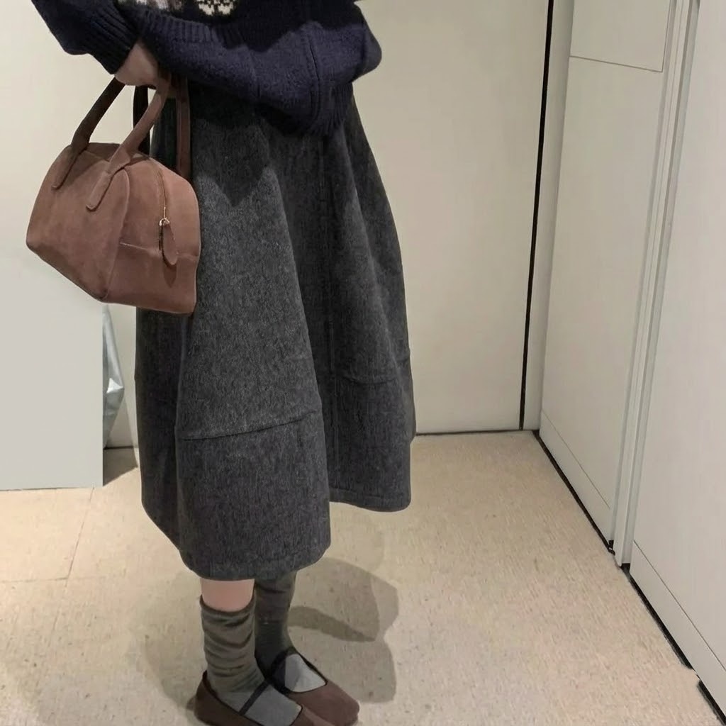 顯瘦寬鬆高腰百搭A字半身裙毛呢花苞裙