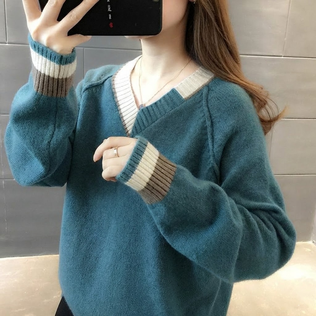 韓版寬鬆顯瘦外穿套頭打底v領針織衫