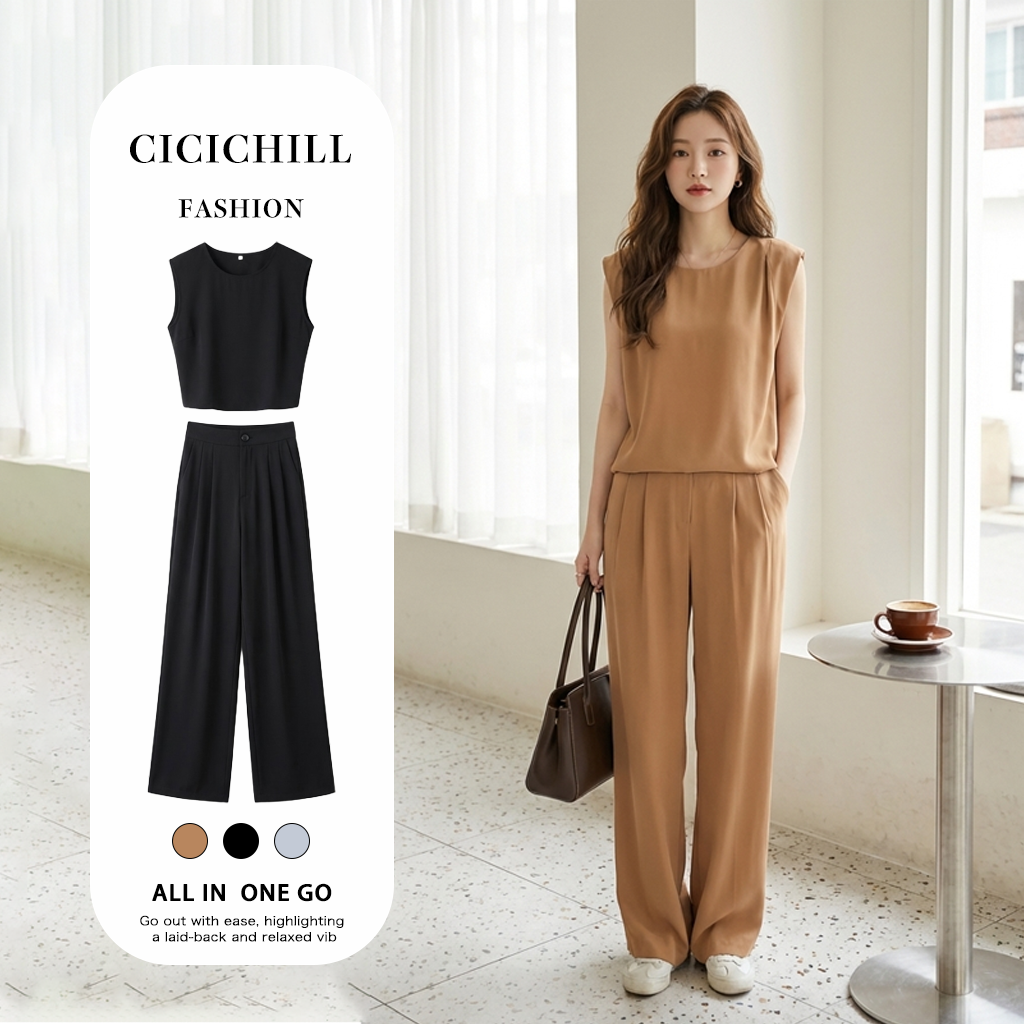 【整套】氣質減齡無袖上衣+垂感顯瘦闊腿褲兩件套