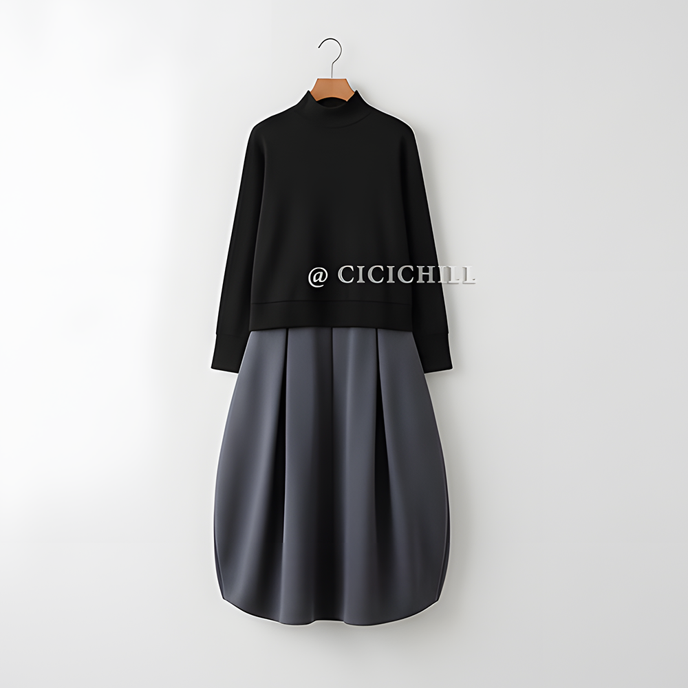 日韓休閑圓領長袖潮流拼色假兩件洋裝