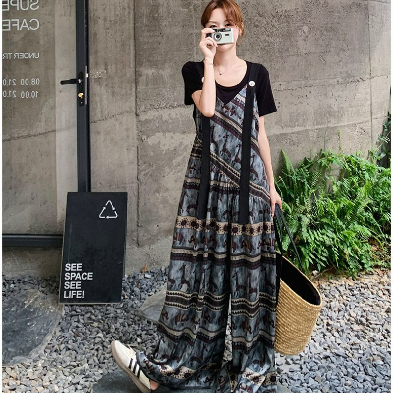 【單件/套裝】小眾波西米亞民族風背帶連體闊腿褲+短袖兩件套裝