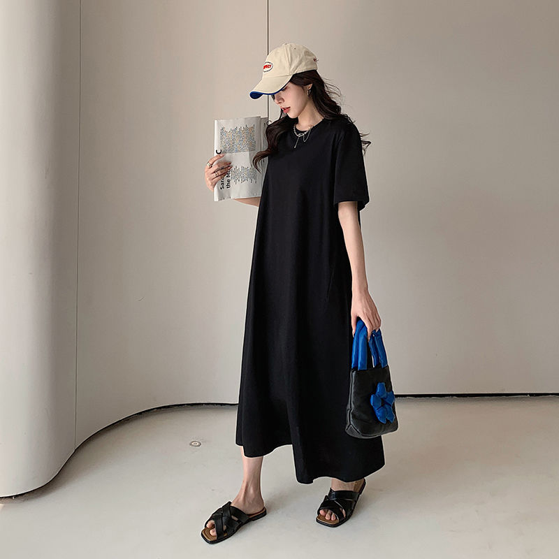 寬鬆遮肚減齡連衣裙大碼顯瘦休閒過膝T恤裙