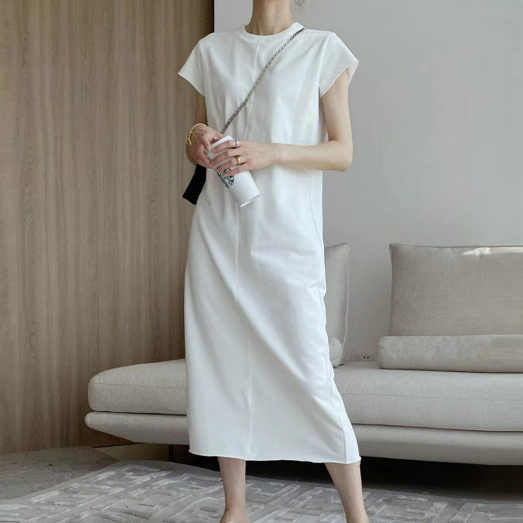 白色小眾設計感短袖t恤直筒連衣裙新款高級感長裙